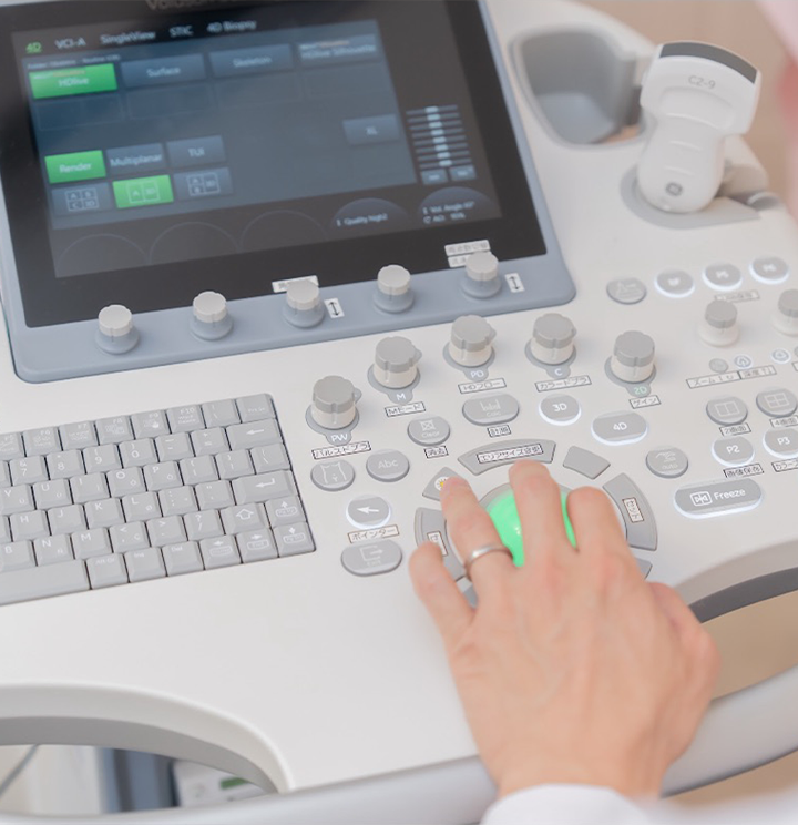 先生がエコーの様子を見ている