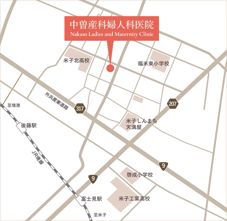 中澤産婦人科医院（Nakaso Ladies and Maternity Clinic）のアクセス地図。JR境線と主要道路317号線、207号線が交差するエリアにあり、米子北高校、福米東小学校、富士見駅などが周辺施設として記載されている。