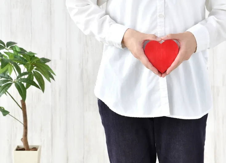 白いシャツを着た女性が、お腹の前で赤いハートの小物を持っている写真。